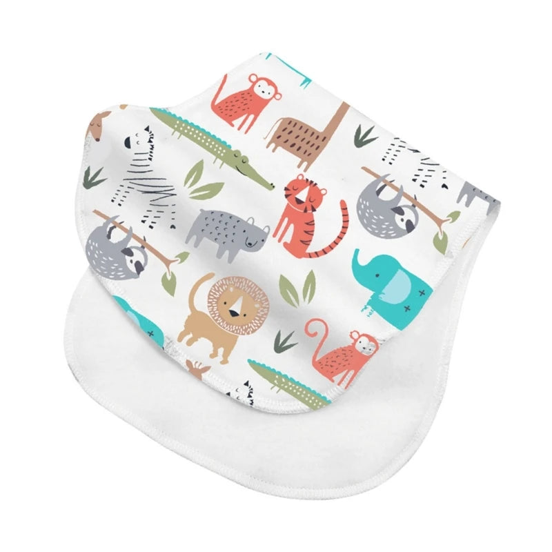 A white burp cloth featuring colorful illustrations of various jungle animals like monkeys, tigers, and elephants.