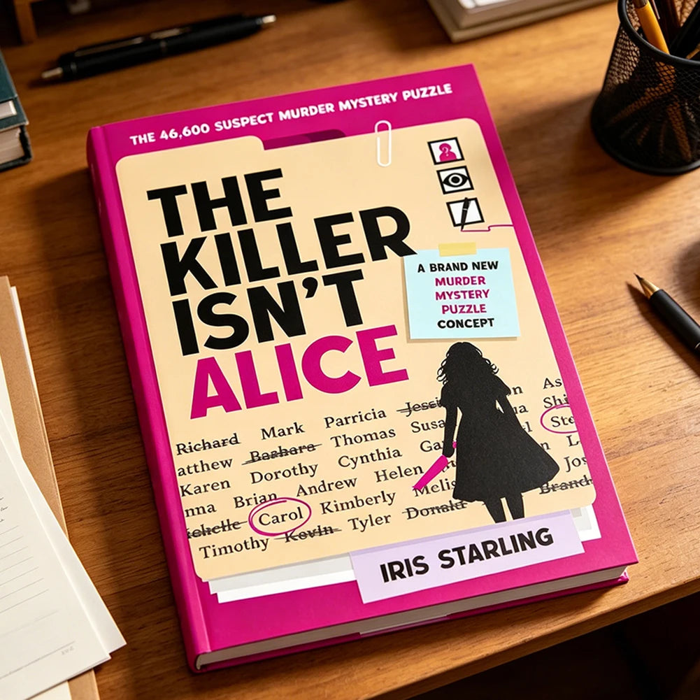 A pink puzzle book titled The Killer Isn't Alice featuring illustrations and text for an interactive murder mystery concept.