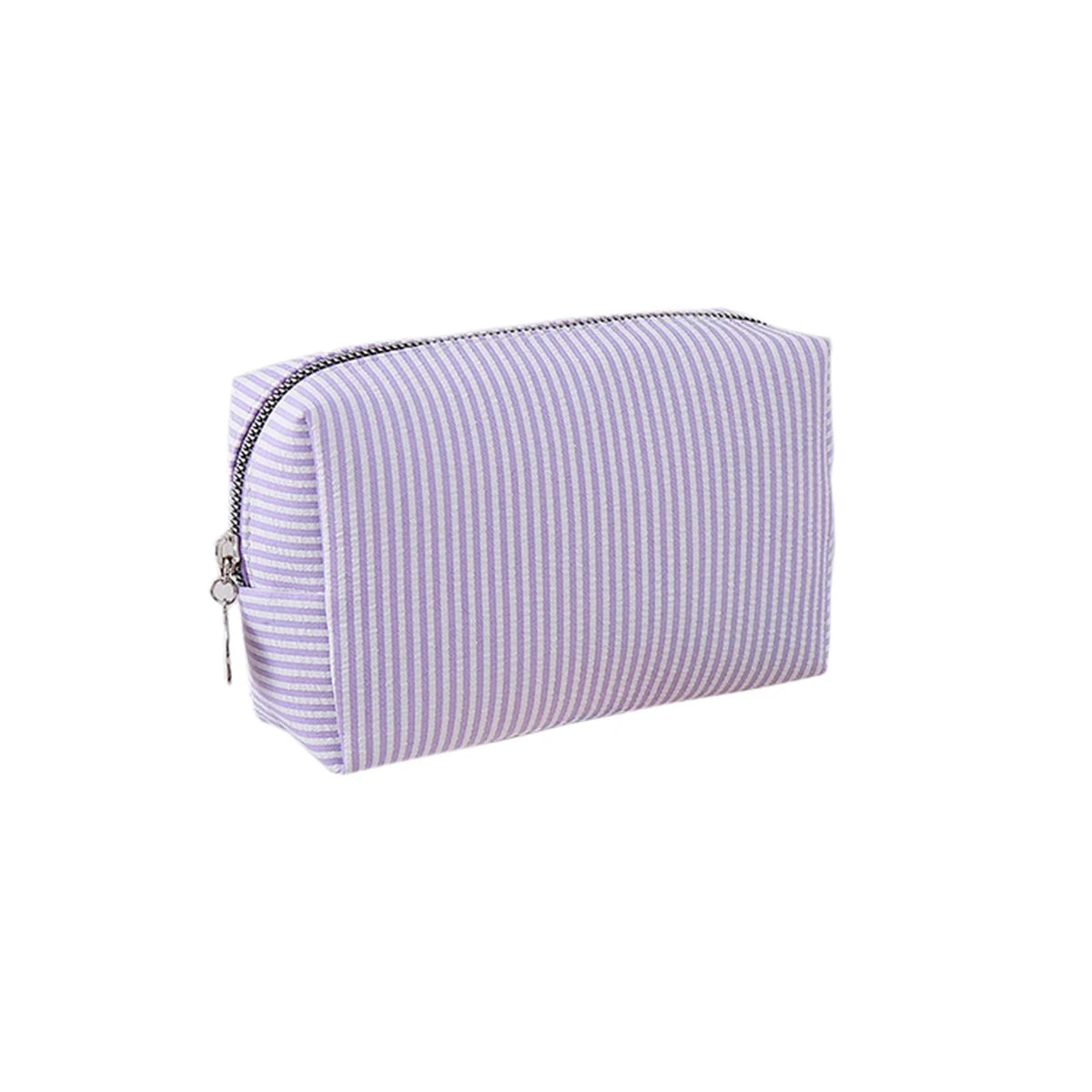 A purple and white striped canvas pencil case with a zipper closure.