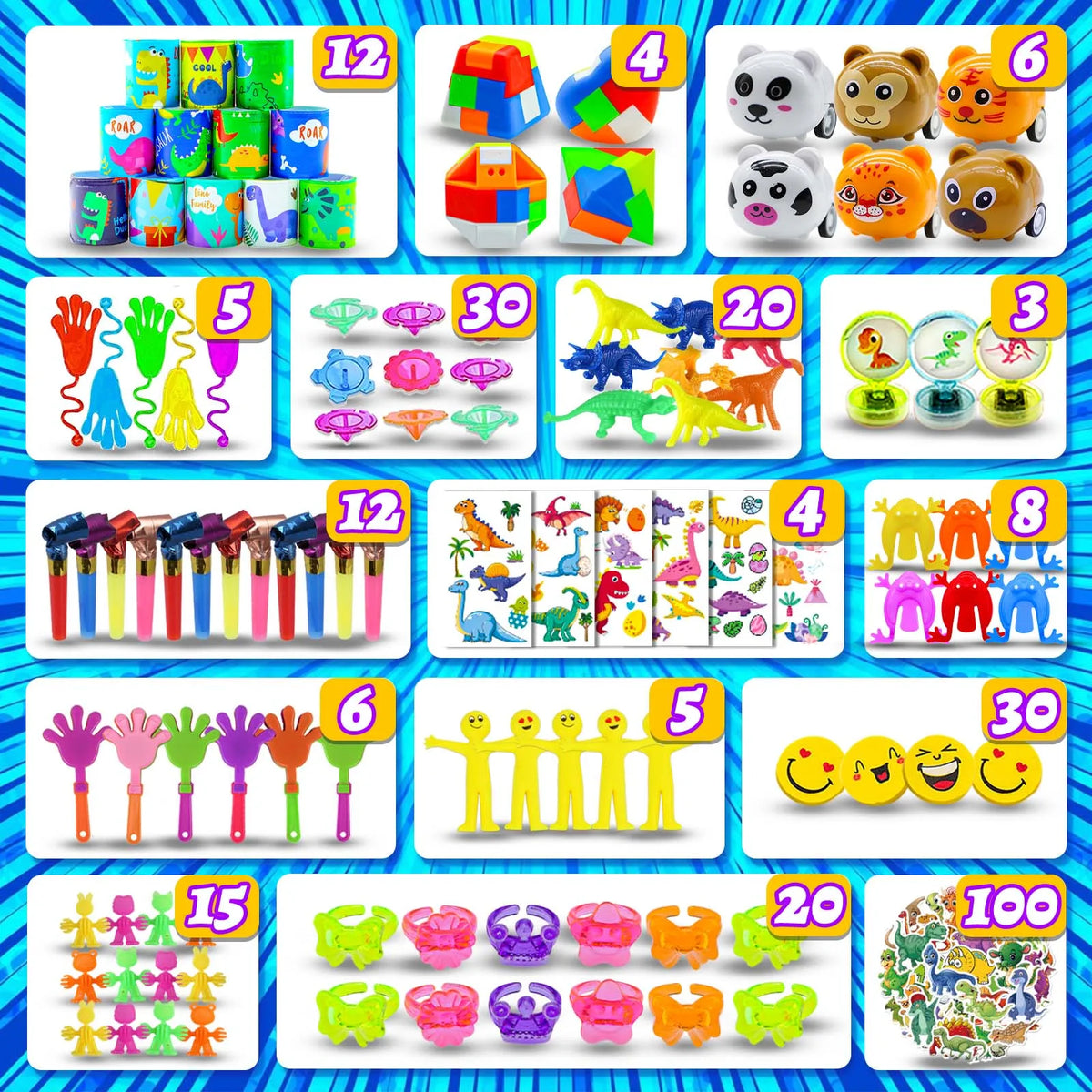 A colorful set of 20 kids fidget toys and sensory items packaged for party favors.