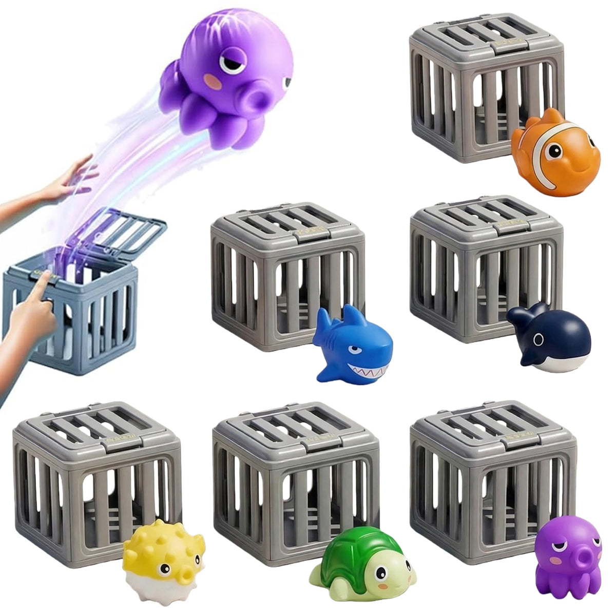 A set of plastic sea creatures and a gray grid-like toy for toddlers, including a purple octopus, orange fish, blue shark, an