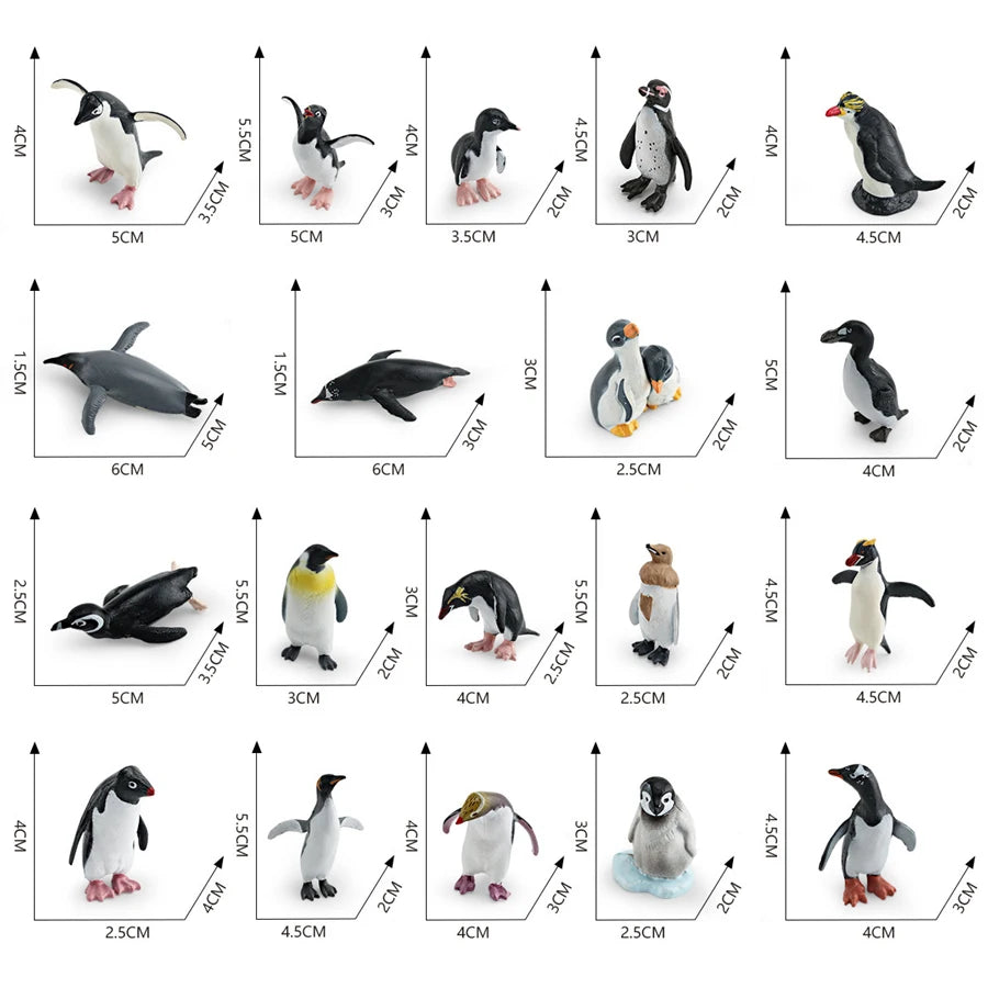 A set of realistic mini ocean animal figurines including a whale, shark, dolphin, turtle, and penguin in various poses.
