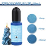 A bottle of Turquoise Blue candle dye with dropper, showing 1, 5, and 10 drops on separate discs.