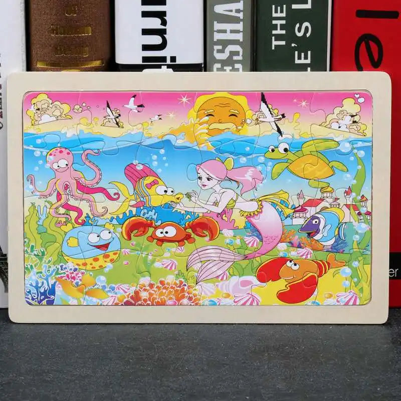 A colorful 24-piece wooden animal jigsaw puzzle featuring various cute animals and characters.