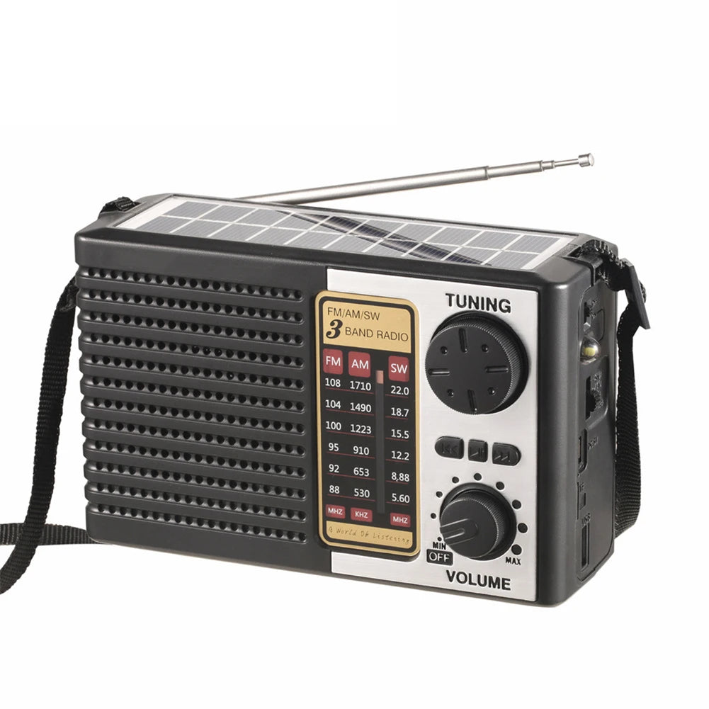 A black solar emergency radio with AM/FM/SW tuning controls and a flashlight is shown.