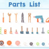 A parts list showing various wooden tools and mechanical components for a kids workbench project.