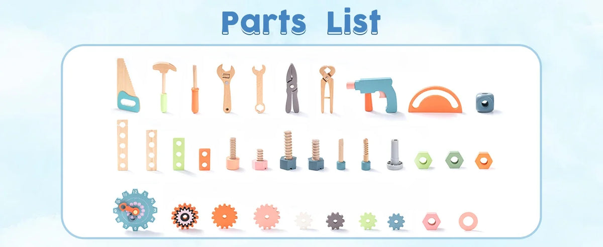 A parts list showing various wooden tools and mechanical components for a kids workbench project.