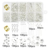 A collection of silver jewelry making supplies including wire, beads, findings, and tools organized in a plastic case.