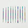 A set of ten colorful stainless steel clay sculpting tools arranged in a horizontal line.
