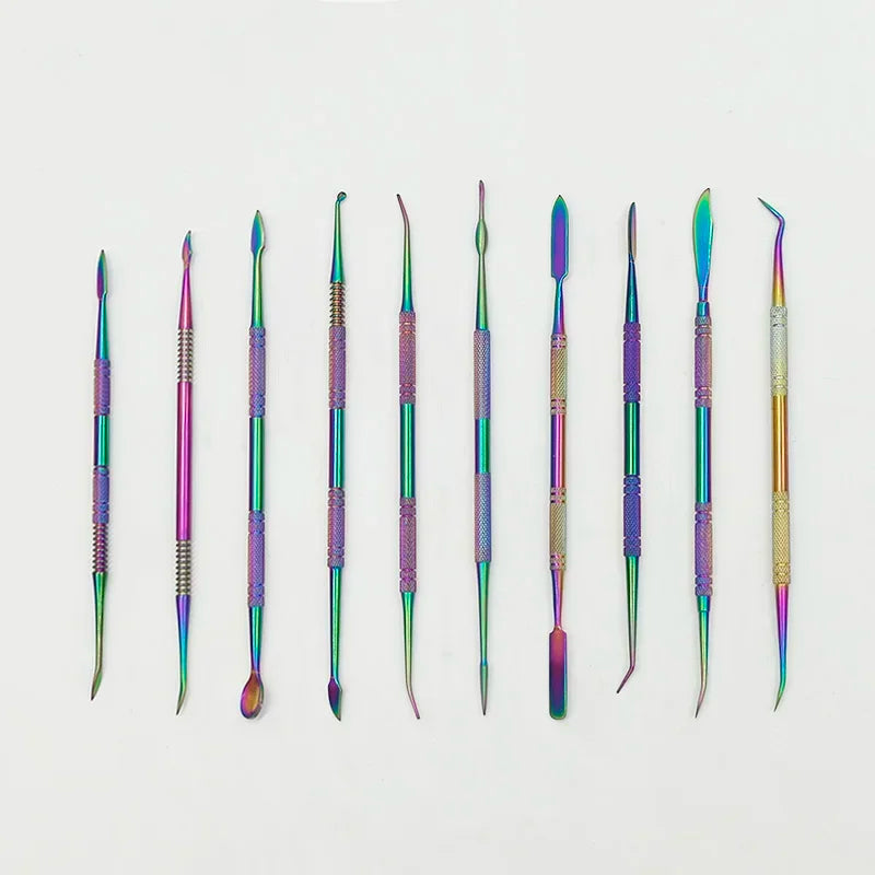 A set of ten colorful stainless steel clay sculpting tools arranged in a horizontal line.