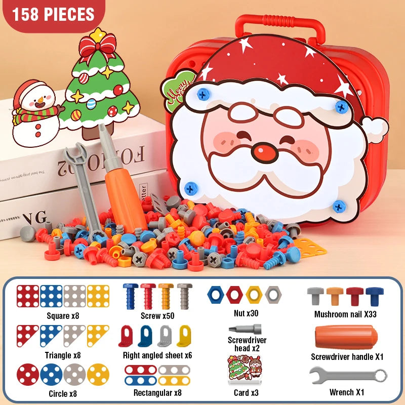A red gift box features a Santa face and an electric drill set with various screws, nuts, and tools for building toys.