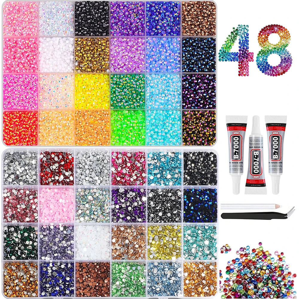A collection of colorful flat-back rhinestones and glitter in various shades and colors for DIY crafts.