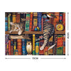 A jigsaw puzzle featuring a tabby cat and various objects on a wooden shelf.
