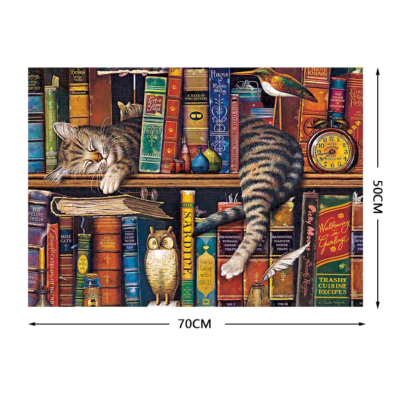 A jigsaw puzzle featuring a tabby cat and various objects on a wooden shelf.