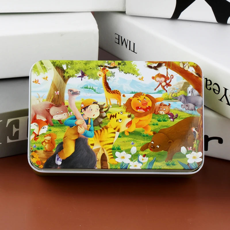 A rectangular jigsaw puzzle featuring various wooden animals like a giraffe, lion, and elephant in a lush green forest settin