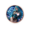 A fantasy witch with blue hair and green attire is depicted on a copper challenge coin.