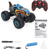 An All-Terrain RC monster truck with orange and blue body, large tires, and a remote control transmitter.