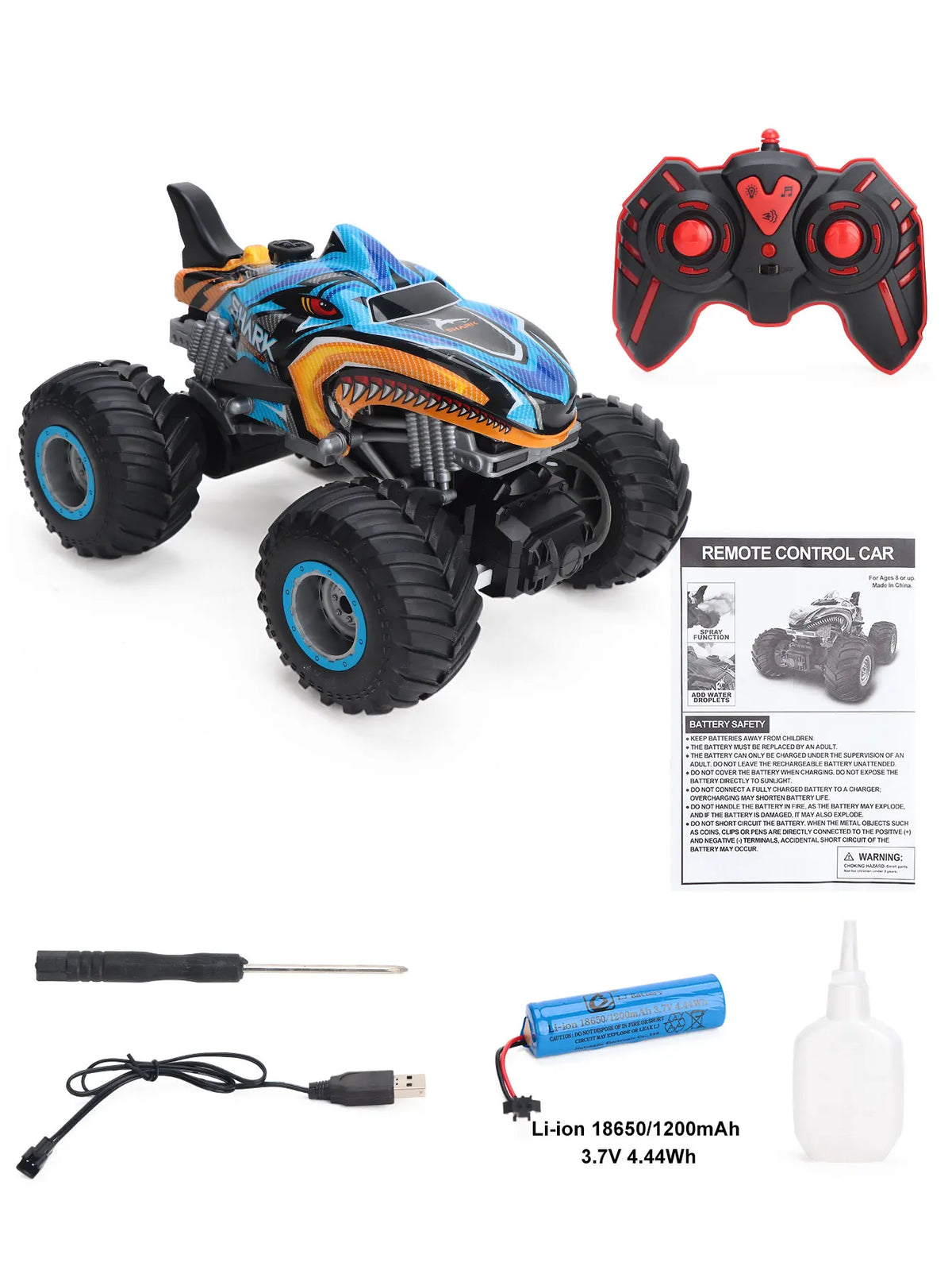 An All-Terrain RC monster truck with orange and blue body, large tires, and a remote control transmitter.