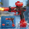 A red electric water blaster toy gun is shown spraying water, with accessories like binoculars and a lithium battery visible.