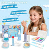 A young girl is applying soft makeup to herself using a Pretend Makeup Playset for Kids toy set.
