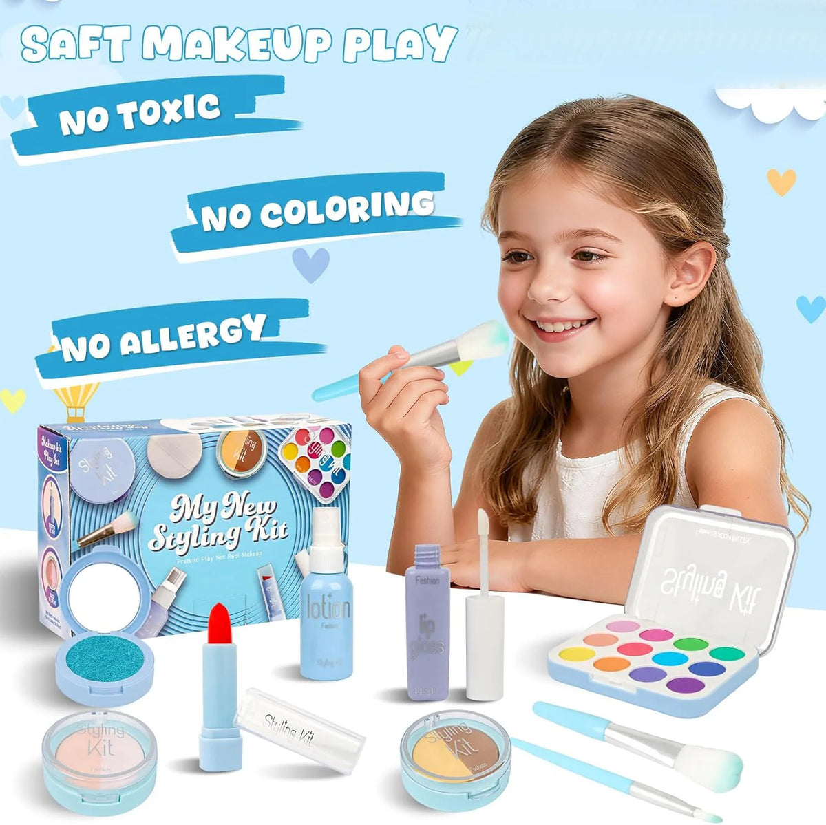 A young girl is applying soft makeup to herself using a Pretend Makeup Playset for Kids toy set.