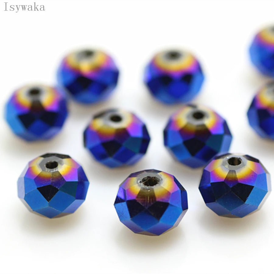 A collection of multicolor round crystal glass beads used for jewelry making.