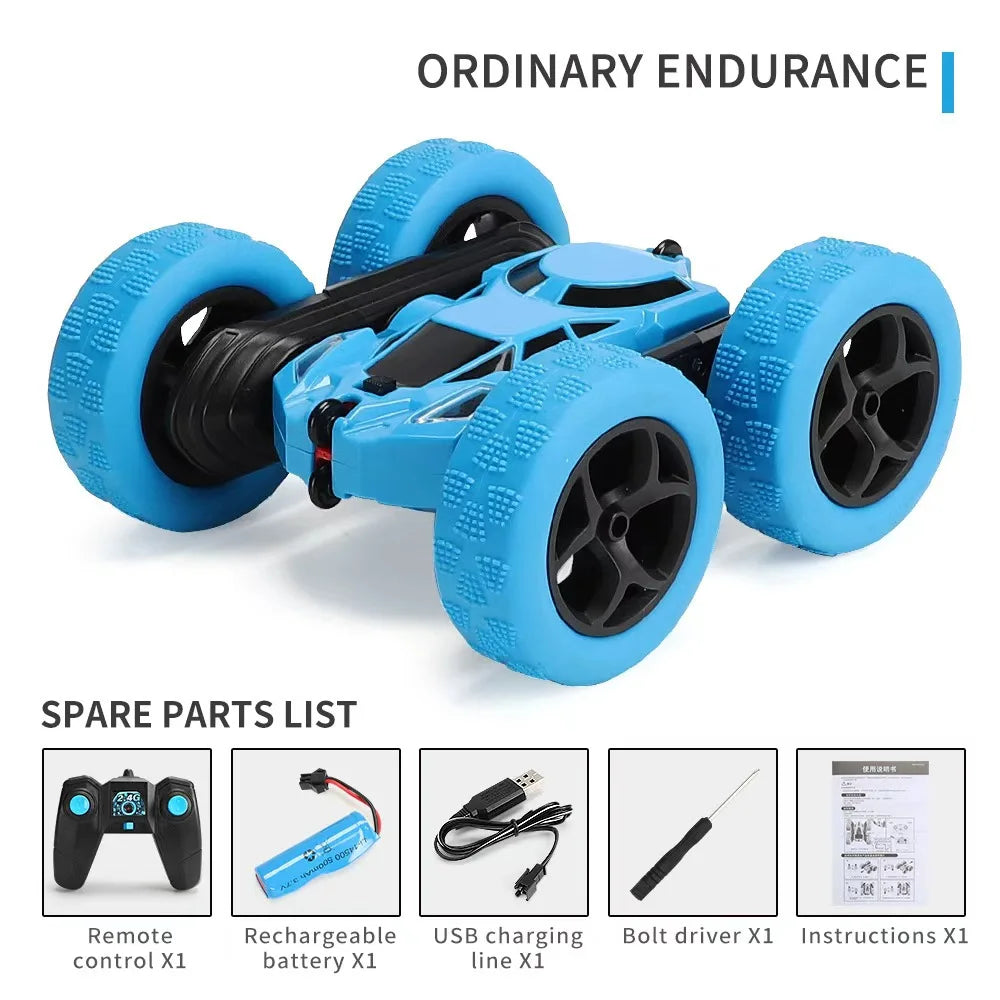 Blue 4WD stunt car with large wheels and spare parts list components shown on a white background