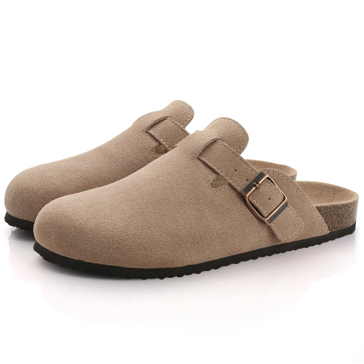 Tan suede cork mules with leather straps and arch support shown from the side.