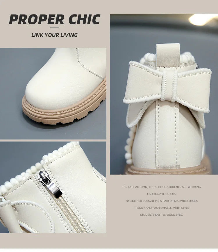 A pair of light beige faux leather winter boots with a decorative bow detail and zipper closure.