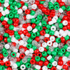 A close-up view of multicolor pony beads in various colors including red, green, white, and clear glass.