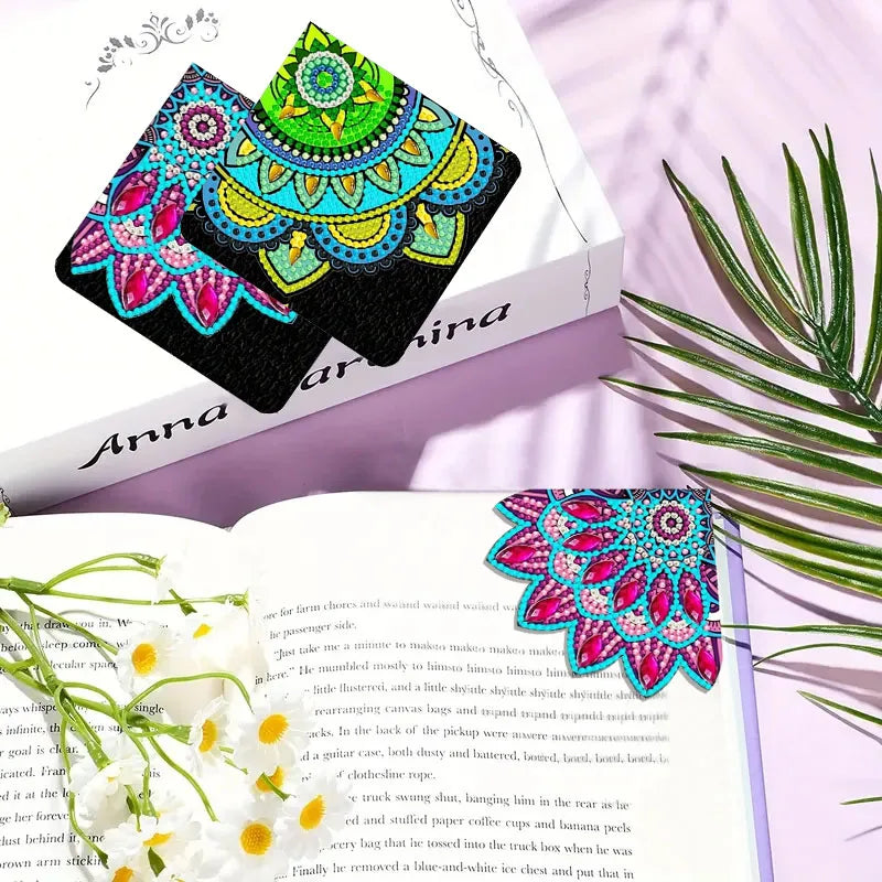 A set of six DIY mandala flower diamond art bookmarks featuring vibrant pink, teal, and green patterns on black cardstock.