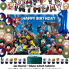 Hero-themed birthday party decoration set featuring a backdrop, balloons, cake topper, and other themed items.