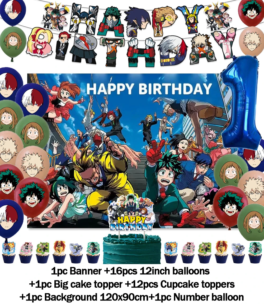 Hero-themed birthday party decoration set featuring a backdrop, balloons, cake topper, and other themed items.