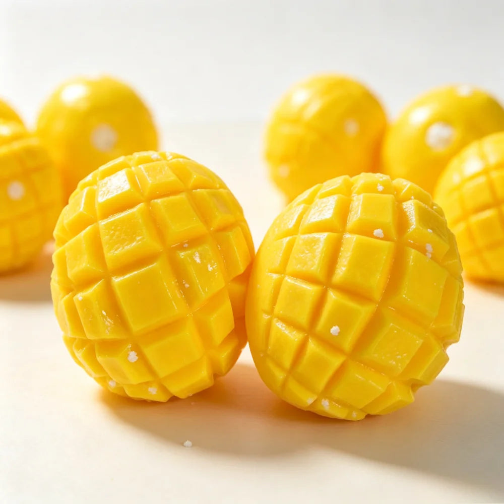 A close-up of bright yellow mango squishy stress relief balls with a crispy texture and small white dots.