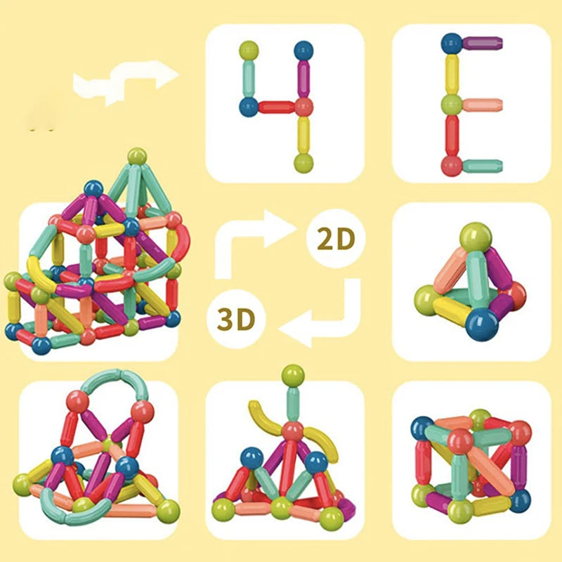 Set bunter magnetischer Bausteine mit 2D- und 3D-Formen wie Buchstaben und geometrische Figuren