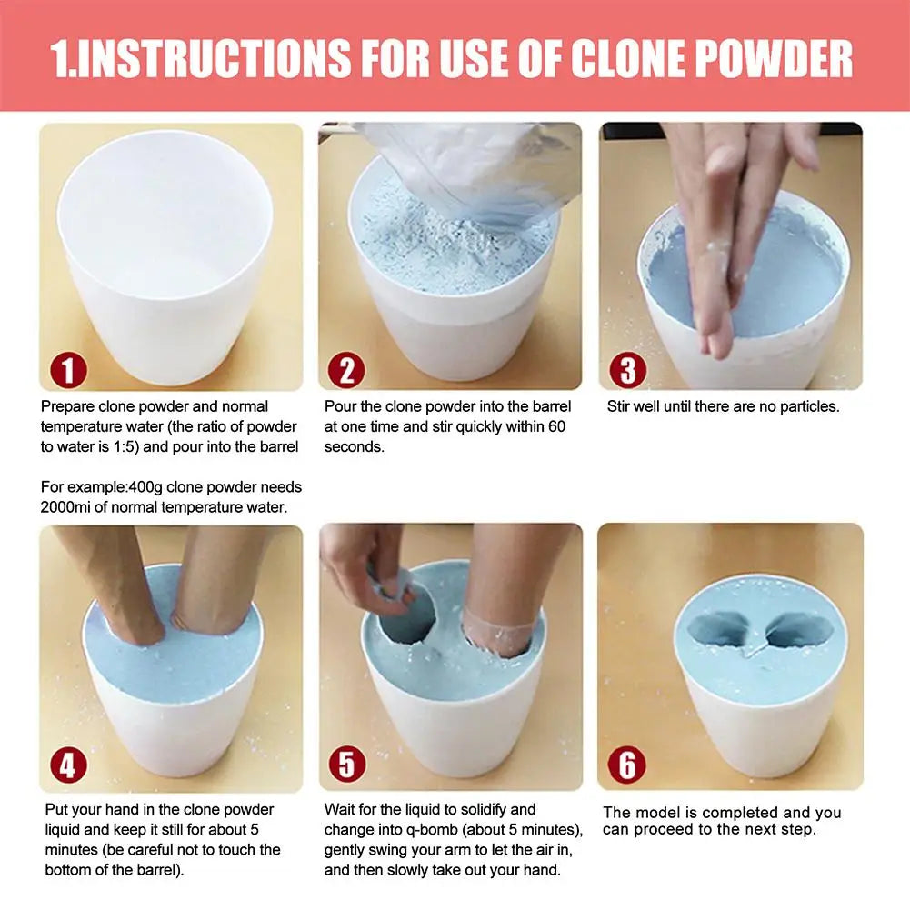 Instructions for using clone powder, showing steps for preparing and molding a keepsake.