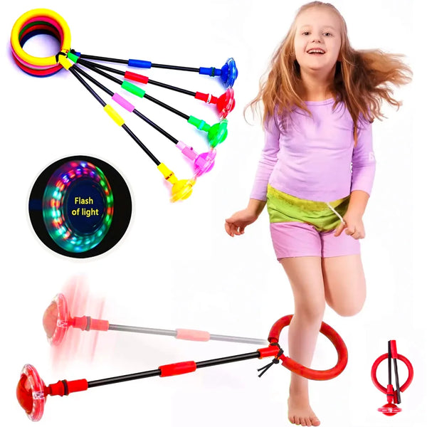 A girl is playing with a glowing ankle skip ball and various flashing LED light connectors.