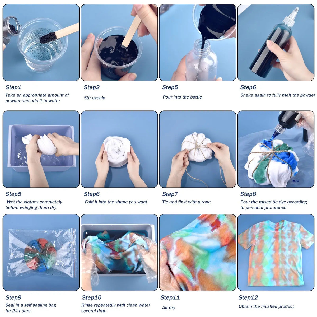Step-by-step process showing how to use textile fabric dye powder to color clothing.