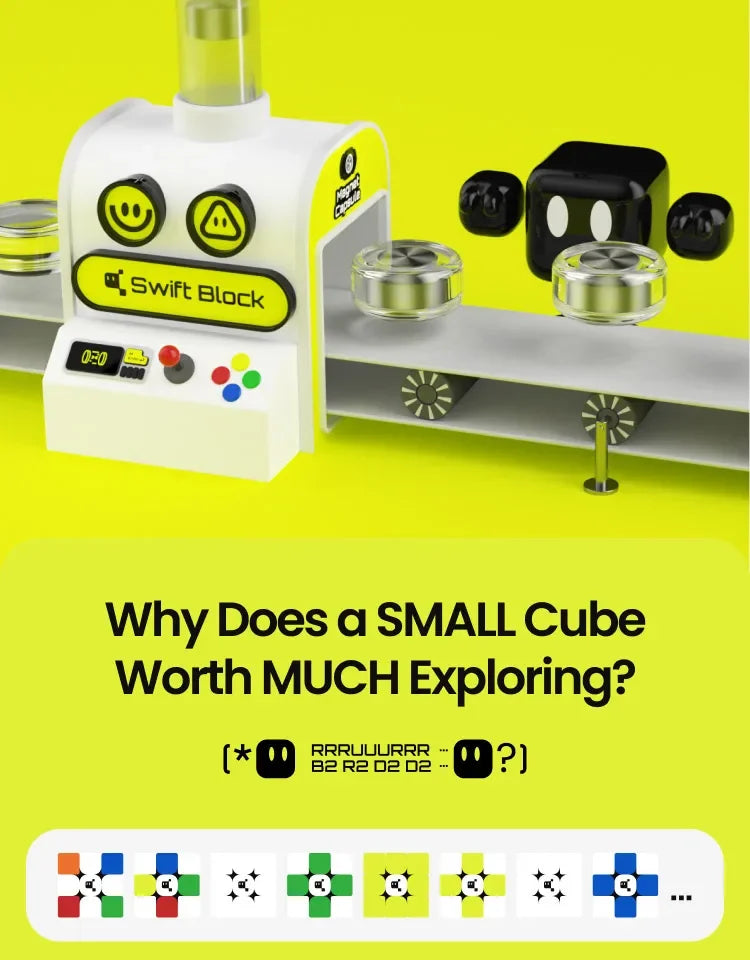 A white magnetic cube called Swift Block is shown with various colored pieces and a yellow background.
