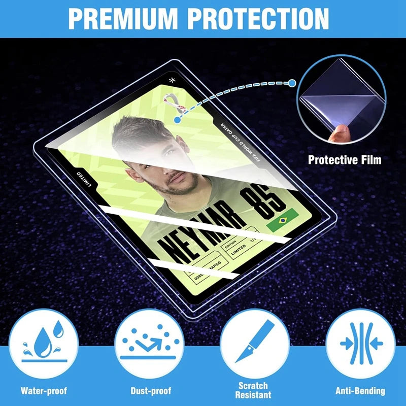 A product image showing a protective film on a trading card, highlighting features like waterproof, dustproof, scratch resist