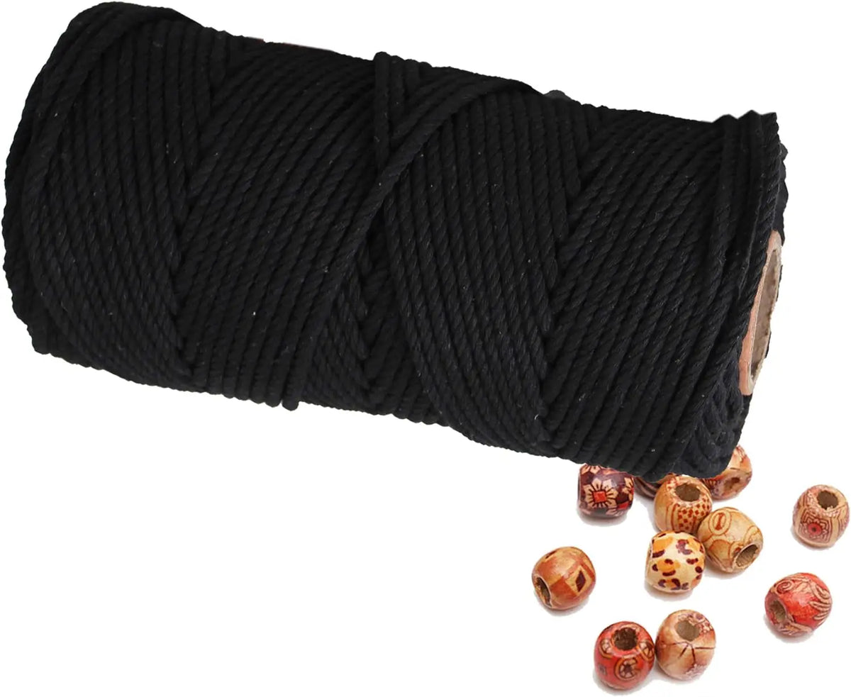 Black natural cotton macrame rope coiled for crafts and decor