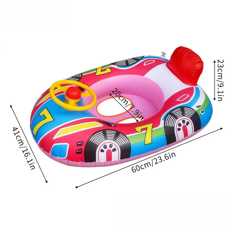 Pink and blue inflatable car-shaped baby pool float with a safety seat and handles