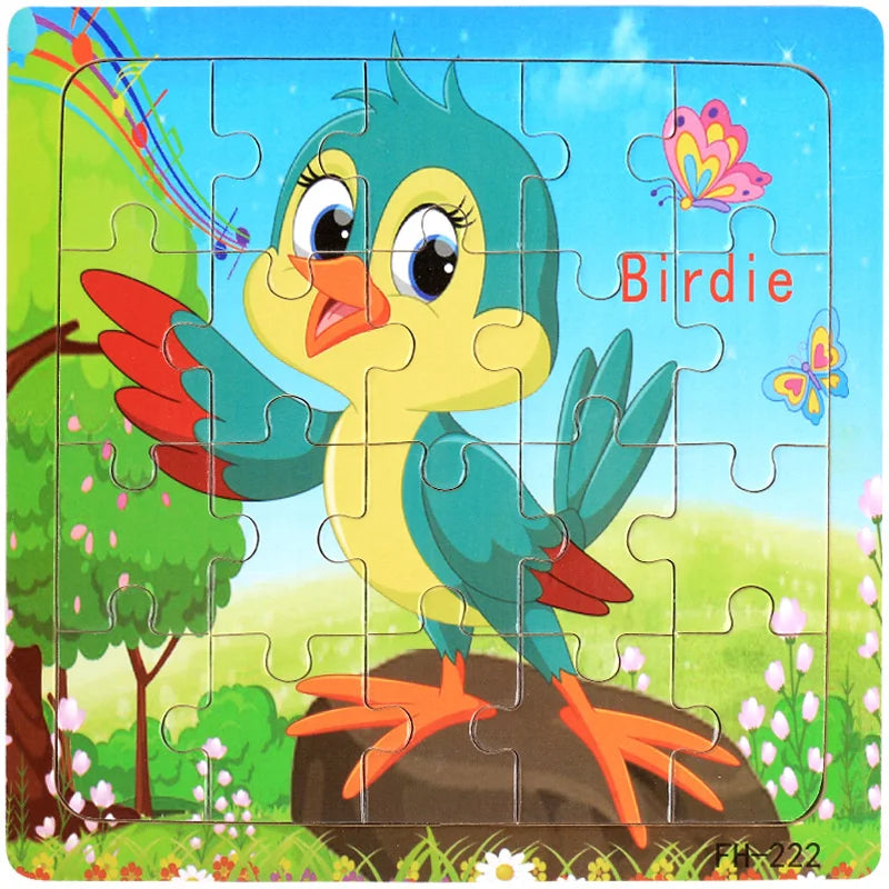 A colorful jigsaw puzzle featuring a cartoon bird named Birdie standing on a rock in a green outdoor setting.