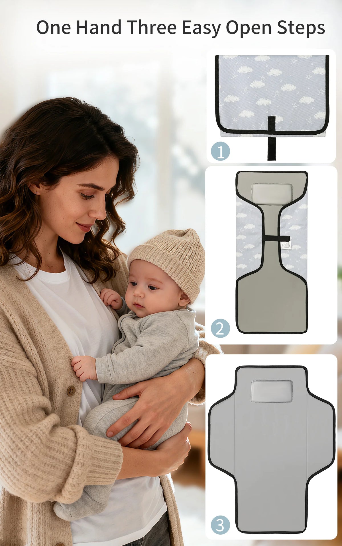 Three easy open steps for a portable foldable waterproof diaper changing pad shown in use.