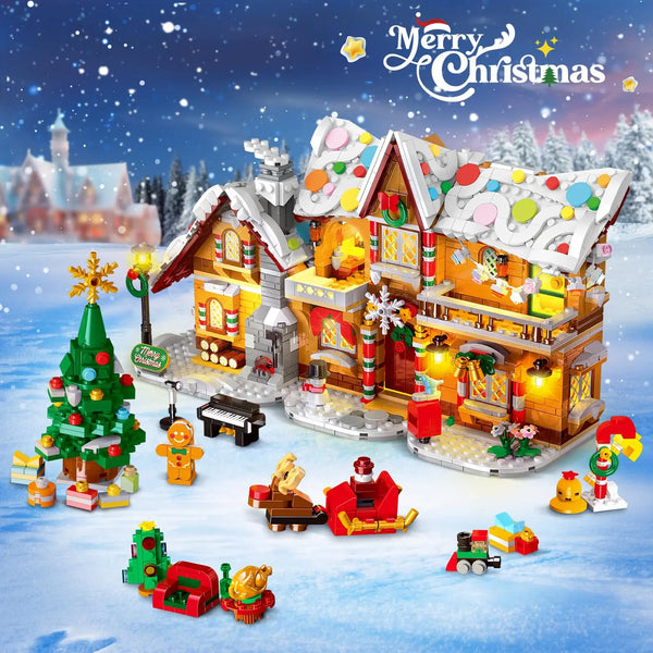 Gingerbread house -rakennussetti LED-valoilla, kolme joulutyyliä, joulukoristeiden ja lelujen ympäröimä