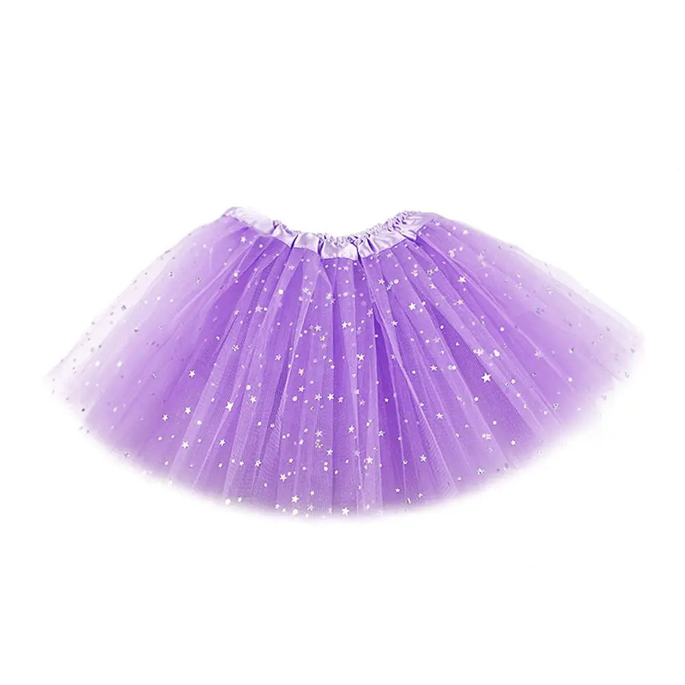 A purple sparkling princess tutu dress for girls with a sheer tulle skirt and star embellishments.