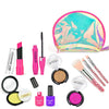 A collection of children's pretend play makeup including a pink cosmetic bag, brushes, lipsticks, and a mirror.