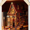 A detailed wooden dollhouse miniature kit featuring a time pavilion building with furniture and architectural details.