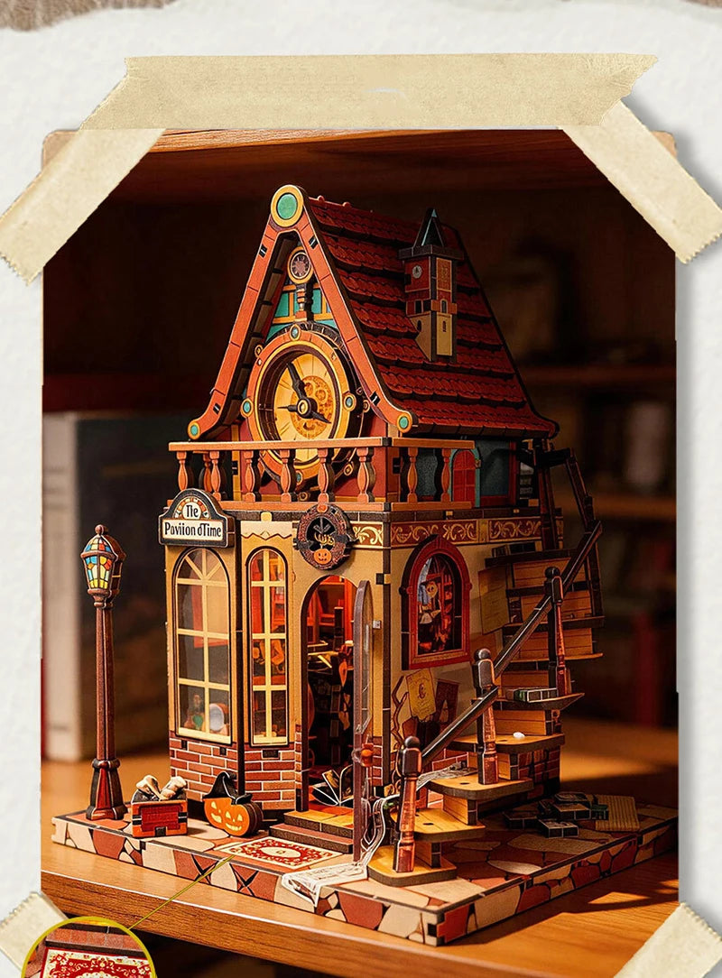 A detailed wooden dollhouse miniature kit featuring a time pavilion building with furniture and architectural details.