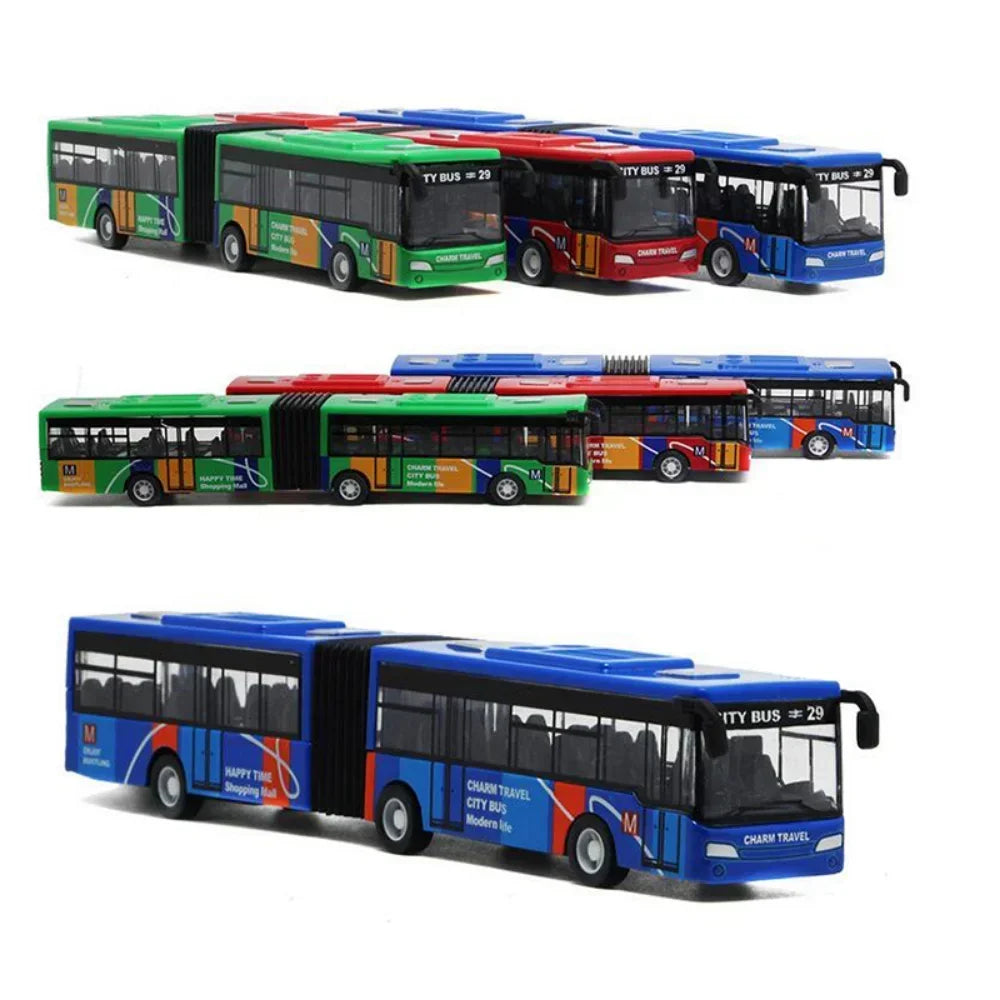 A collection of diecast 1:64 pull-back city bus toys in various colors and models.